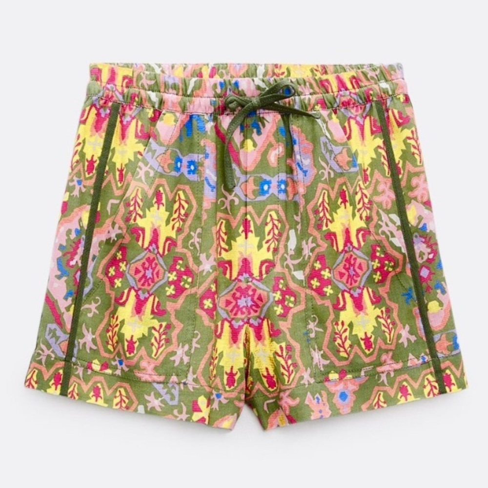 NWT ZARA Green Multicolor Aztec Printed Drawstring Linen Blend Beach Shorts XS